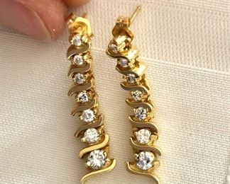 $450   14K gold gold and diamond earrings 1 inch long 