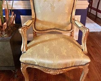 $250 each - Gilded, Provincial arm chairs with silk fabric and hobnails  - 4 available.   Each needs guild touchups and some minor stains on fabric - 43.5" H, 26" W, 24" D, seat height 18.