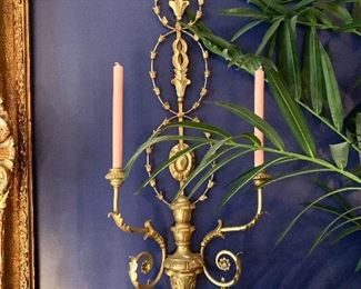 $295 Pair - Resin with Brass accents  wall sconce - (as is some discoloration, fading gilt  at center )2 available.  Each 44" H, 16" W, 6" D.