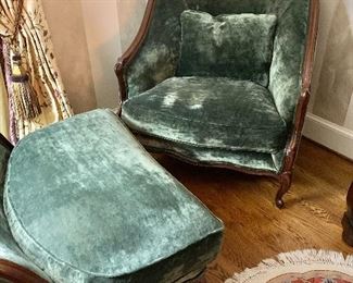 $850  - Set Henredon,  plush velvet bergere chair and ottoman - Chair: 36" H, 35" W, 32" D, seat height 20". Ottoman: 24" H, 35" W, 30" D, seat height 18".