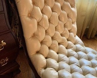 $850 - Henredon, tufted , hobnailed leather chaise - back legs on casters - 38" H, 26" W, 60" L, seat height 16" 