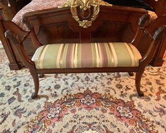 $300 - Henredon settee with custom silk upholstery and lion head  detail - AS IS - SMALL STAIN ON FABRIC -  52" W, 16" D, seat height 20".