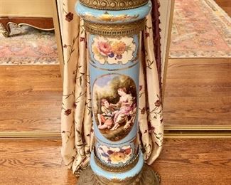 $500 each -  Painted porcelain, metal, marble top pedestal with claw feet  #1 - 2 available.  37" H, top diam 16", base diam 17". 