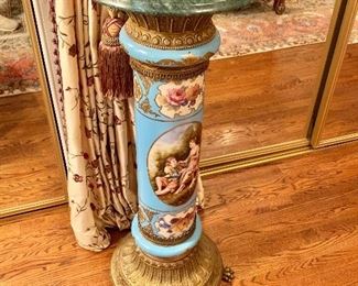 $500 each -  Painted porcelain, metal, marble top pedestal with claw feet  #2 - 2 available.  37" H, top diam 16", base diam 17". 