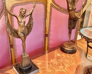 $225  each - Art deco figures - Left: 20" H, 8" W, base 4.5" diam.  Right: 26" H, 12" W, base 8" diam.