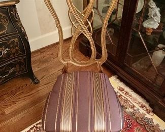 $250 -  Metal provincial chair with custom silk fabric seat - 42" H, 18.5" W, 18" D, seat height 18". 