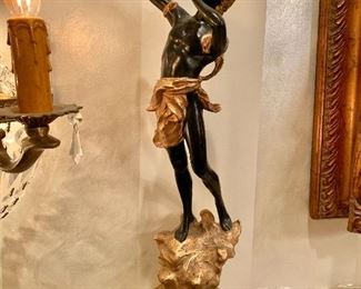 $500 Pair  - French Polychromed Spelter Figures of Man & Woman after sculpture titled, "La Danse” by C. Desmeure, -  21" H, 7" W, 6.5" D, base 6.5" diam.