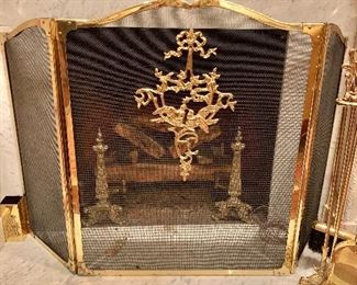 $395 - Fireplace screen with brass accent birds  and ribbons - 33" H, 12.5" + 25" + 12.5" W.  