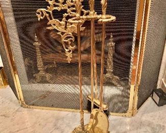 $175 - Brass fireplace tool set with acanthus leaf detail - Each piece 28" H. 