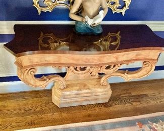 $500 - Faux marble painted ornate, pedestal console table with inlay top - 33" H, 48" W, 19" D.