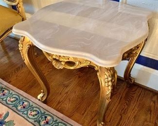 $250 - Gilded, marble top side table - 23.5" H, 23" W, 23" D. 