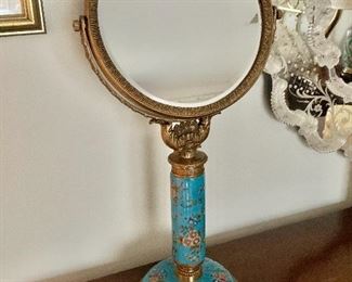 $250  - Ornate vanity mirror  - 24" H x 10.25" diam, base 8" diam. 