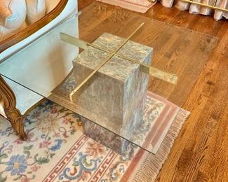 $450 each - Vintage Italian Hollywood Regency Artedi Brass Marble Glass Side Accent  Table #1 - 22.5" H, 28" W, 28" D. 