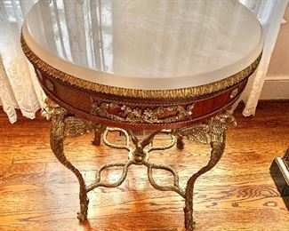 $450 - French Louis XV Style Ormolu Mounted Marquetry Side Table with brass legs -  29"H; 26"Diam