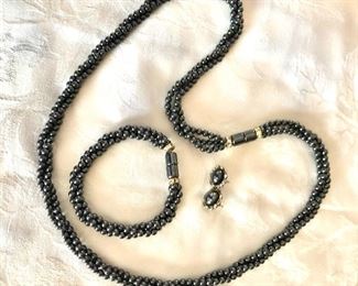 $30 Hematite necklace, bracelet and earrings set.  Necklace:  26"L; Bracelet" 8"L; Earrings: 0.5"L