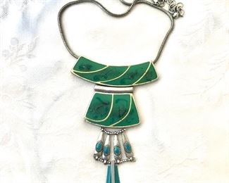$22 Green and silver tone necklace Chico's.   Necklace: 30"L.  Pendant: 5"L