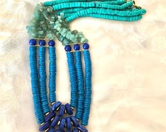 $ 28 Blues and greens multi strand necklace.  25"L 