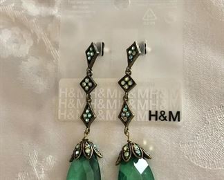 $22 H & M long dangly green drop earrings.  3"L