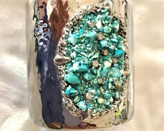 $50 Large turquoise and silver tone bangle bracelet.  2.5"Diam