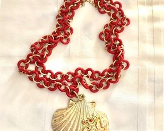 $35 Scalloped shell pendant with red hoops necklace.  22"L 