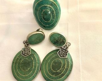 $12 each multi green circle earrings available . Ring is SOLD Earrings 2"L.  Ring: 1"L