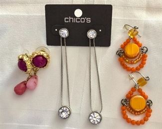 $10 each 3 pairs earrings.  Long dangling : 3"L.  Red:  1"L.  Orange: 1.5"L (PInk and orange earrings SOLD)