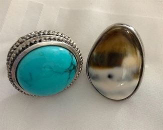 $10 each Turquoise and shell type stretchy rings.  Turquoise ring: 1"Diam.  Shell: 1.5"L 