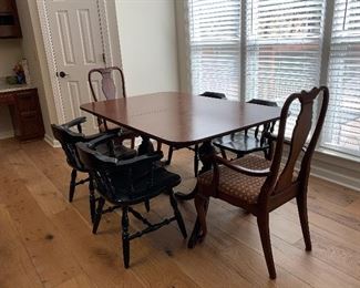 	#41	Antique double pedestal table. No leaf. 60"x40"x30"	 $125.00 		
	#42	Dining chair with arms and upholstered seat 2@ $30 each			
	#43	Dining chair wooden 4@$25 each	  		