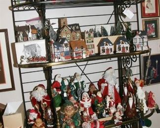 NICE CHRISTMAS DISPLAYED ON A VERY NICE BAKERS RACK - IRON AND BRASS