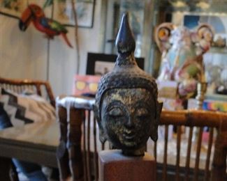 Old Buddha head on wood base $250
