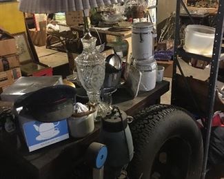 Tires Lamps Smalls Canisters BASEMENT home goods vintage luggage furniture smalls tools  