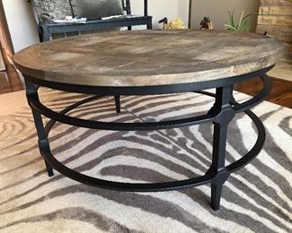 Pottery Barn 36” diameter parquet reclaimed wood coffee table with metal base 18” high (this table is still available to purchase at Pottery Barn and retails for $999)