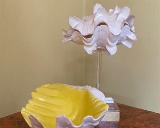 Clam shell on lucite stand, and ceramic shell