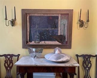 Sconces from the Jefferson Hotel, Queen Anne Chairs (6), marble-topped Empire side table, large artist-signed raku lidded vase, Leo Aeris stainless steel vase, painting by Jack Davidson