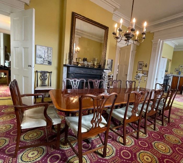 10 period Chippendale dining chairs, with 12' dining table
