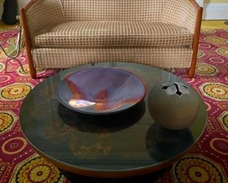 1980s Vintage French Art Deco Style Cut Velvet Sofa by Greenbaum Interiors, Asian Theodore Muller Lotus Coffee Table for Kittinger With Glass Top, Raku vessel, Tony Evans charger
