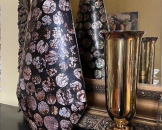 R & Y Augousti Paris mother of pearl embellished vase, brass vase