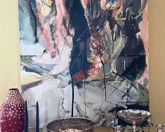 Large Abstract Expressionist Painting by Robert Saltonstall, eggshell laquer vase, silver-plated punch bowl, English silver-plated centerpiece, pair of pewter candlesticks