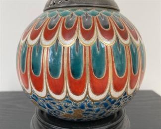Cloisonne jar with pierced silver top