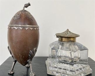 Silver trimmed egg-shaped container, crystal and bronze inkwell 19th c.