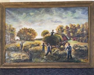 Large Jose Cortez painting of harvest scene 