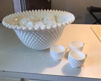 Fenton Hobnail punch bowl and cups