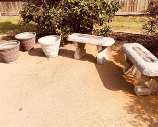 Cement benches with tile inlays, various outdoor pots