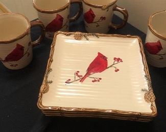 Set red bird plates and mugs 