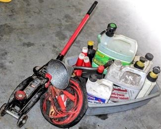 Assorted Automotive Items; GM Goodwrench 2 Ton Trolley Jack, Jumper Cables, Vinyl Fender Cover, Funnel, Variety of Bottles