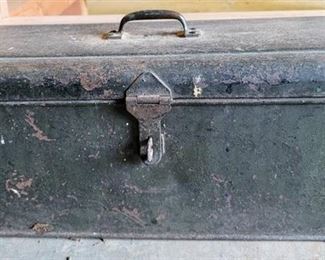 Vintage Heavy Duty Metal Toolbox Filled with Vintage & Primitive Tools + Farm Implements