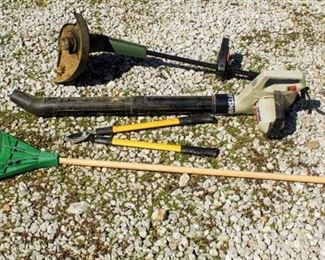 (4) Piece Outdoor Tools Lot, Electric Craftsmand Leaf Blower, Electric Groom'N'Edge Plus Weedeater, Yardworks Cutter, and Rake