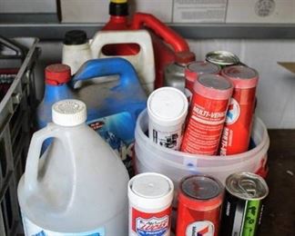 Assorted Garage Automotive Fluid and (8) New Red "N" Tacky, Multi-Vehicle, Multi-Purpose Grease Cans/Tubes