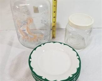Two Class Jars and Five Small Plates