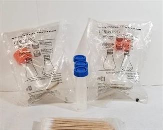 Two Corning 250mL Erlenmeyer Flasks. Three Measuring Tubes. Package of arts and Crafts Swabs.